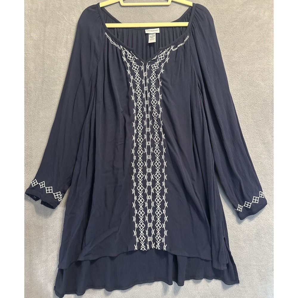 Catherines Embroidered Gauze Tunic Top Plus Size 1X‎ Navy Blue Boho Lightweight